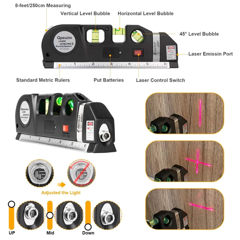 Ferramenta de linha de nível a laser e tripé multiuso kit de nível a laser padrão linha cruzada nivelador laser 8 pés fita métrica régua